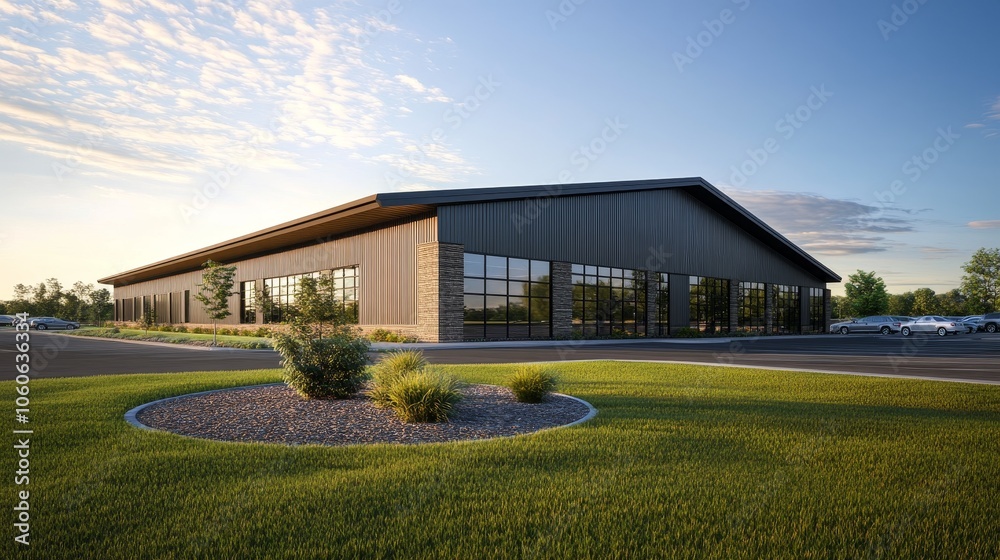 Modern industrial building with large windows and landscaped surroundings. Modern industrial building with large windows and landscaped surroundings.