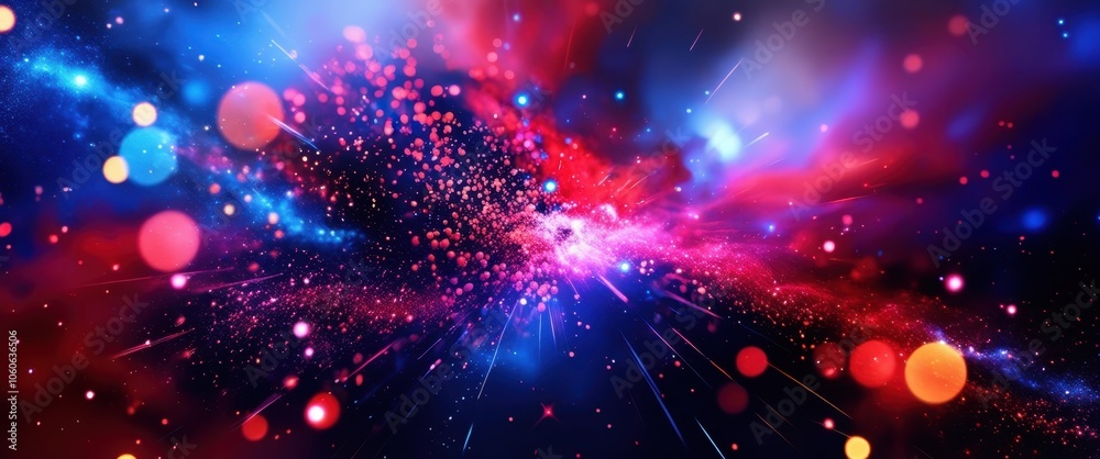 Fototapeta premium Cosmic explosion, vibrant nebula, red and blue space clouds, interstellar dust, celestial burst, starry background, galaxy formation, cosmic energy, deep space, astronomical phenomenon, colorful cosmo