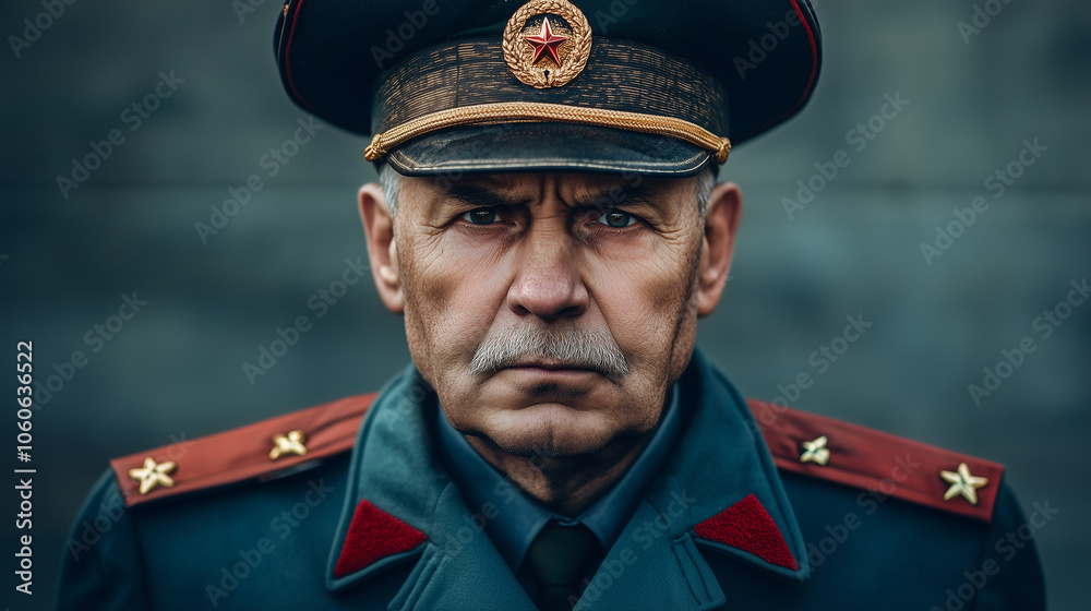 Obraz premium Mężczyzna w wojskowym mundurze, z wyraźnymi odznaczeniami, patrzy prosto w kamerę z pewnością siebie i siłą.