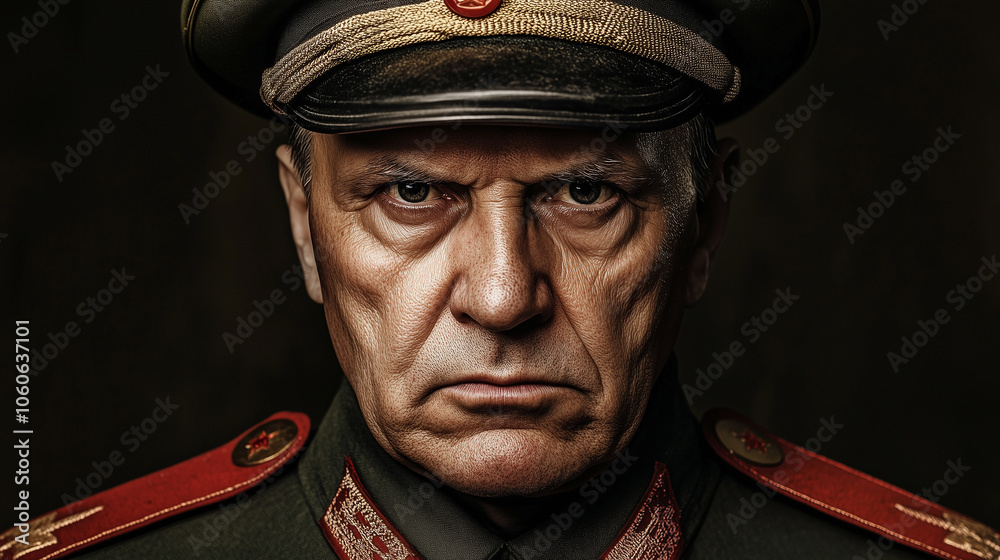 Obraz premium Mężczyzna w wojskowym mundurze, z wyraźnymi odznaczeniami, patrzy prosto w kamerę z pewnością siebie i siłą.