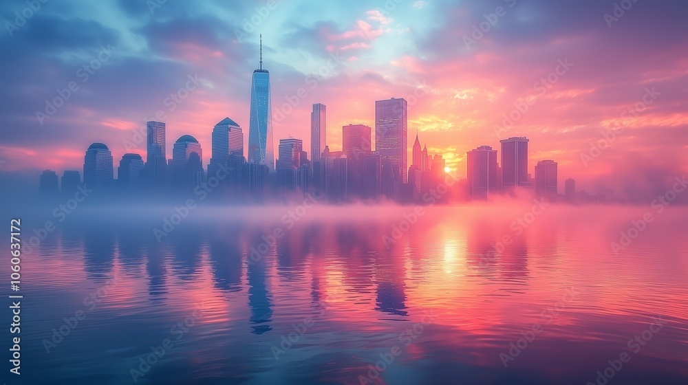 Vibrant Cityscape at Sunrise with Light Fog Vibrant Cityscape at Sunrise with Light Fog