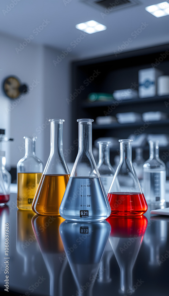 Group of flask on a lab table isolated with white highlights, png Group of flask on a lab table isolated with white highlights, png