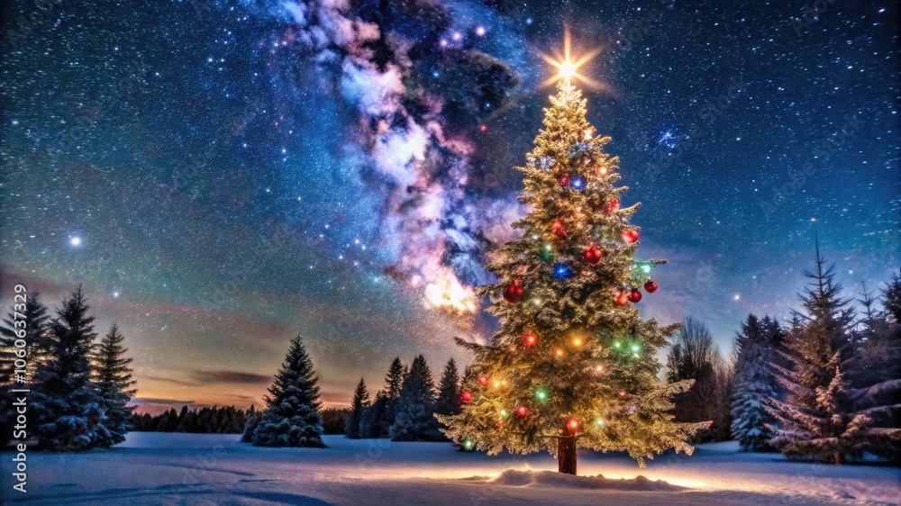 Christmas Magic Unfolds Under a Starry Sky, with a Glowing Christmas Tree in a Winter Wonderland. Christmas Magic Unfolds Under a Starry Sky, with a Glowing Christmas Tree in a Winter Wonderland.