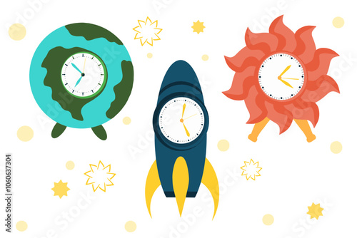 Ilustração Vetorial caricatura, sol, relogio, vector, tempo, ilustração, natureza, lua, flor, estrela, cara, design, divertimento, folha, verão, bebé, céu, amarelo, arte, desenho, rir, cabrito, símbol