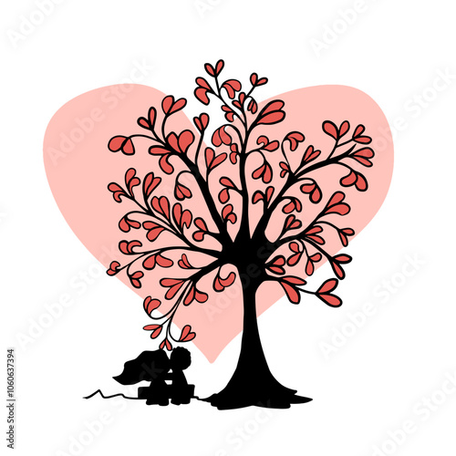 Ilustração Vetorial árvore, folha, natureza, vector, ilustração, galho, primavera, amor, arte, coração, outonal, design, planta, condimentar, verão, condecoração, flor, floral, beldade, silhueta, cor-
