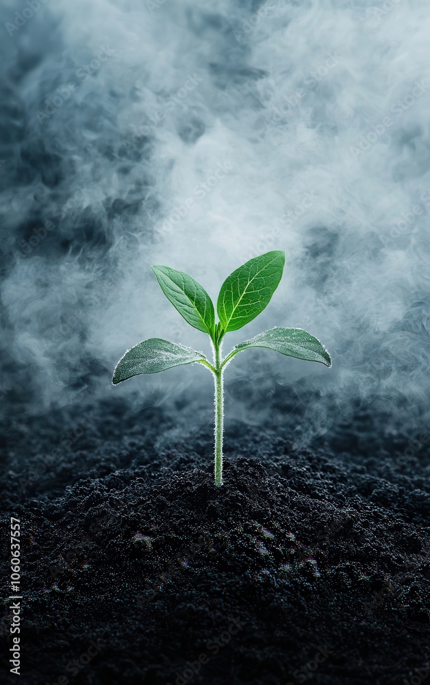 Naklejka premium Small green plant growing in dark soil with misty background.