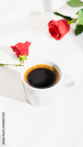 white mug coffee with red roses the background