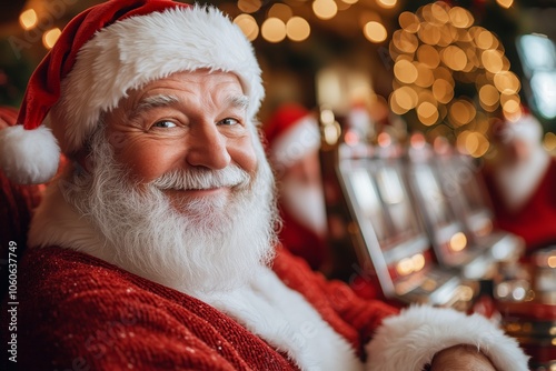 A cheerful Santa Claus, dressed in his traditional red suit and Santa hat, beams with joy as he sits by a row of slot machines in a holiday-decorated casino.  photo