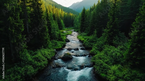 A vibrant forest surrounds a gently flowing river, with sunlight filtering through the dense canopy, creating a serene and tranquil scene filled with nature's beauty. photo