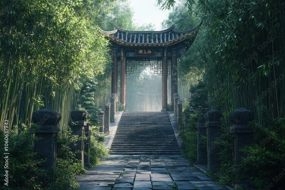 Classic Chinese scenery showcasing an ancient stone pathway ascending to an ornate entrance surrounded by lush bamboo groves Classic Chinese scenery showcasing an ancient stone pathway ascending to an ornate entrance surrounded by lush bamboo groves