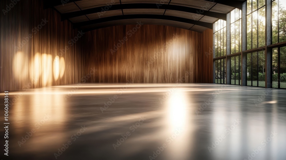 A spacious hall featuring wood-paneling basking in sunlight, with light and shadows creating captivating patterns, embodying warmth and artistic elegance. A spacious hall featuring wood-paneling basking in sunlight, with light and shadows creating captivating patterns, embodying warmth and artistic elegance.