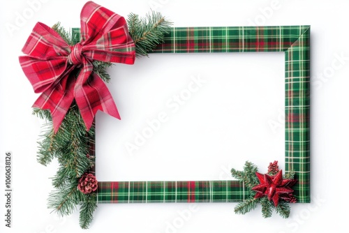 Festive Christmas frame with plaid bow pine decoration