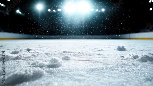 An icy arena covered in snowflakes is brought to life with dazzling lights, capturing the excitement and energy of winter sports and activities in a dynamic scene. photo