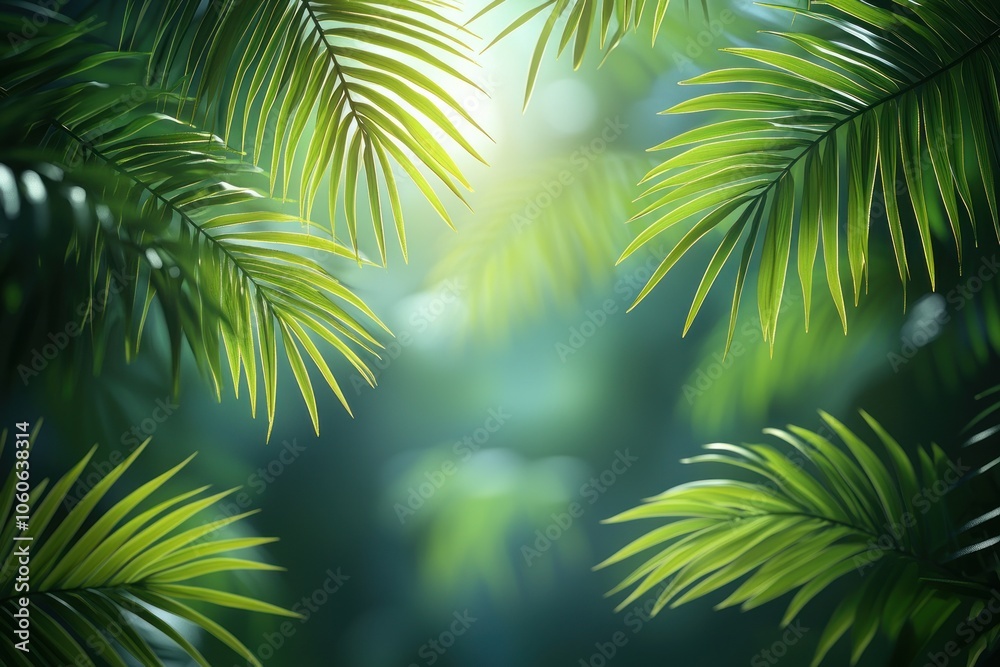 Sunlit Palm Fronds Against a Soft Green Background Sunlit Palm Fronds Against a Soft Green Background