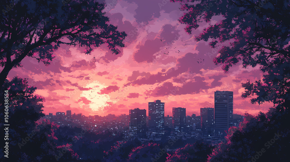 Fototapeta premium Vibrant Synthwave Cityscape: Neon Anime and Manga Art