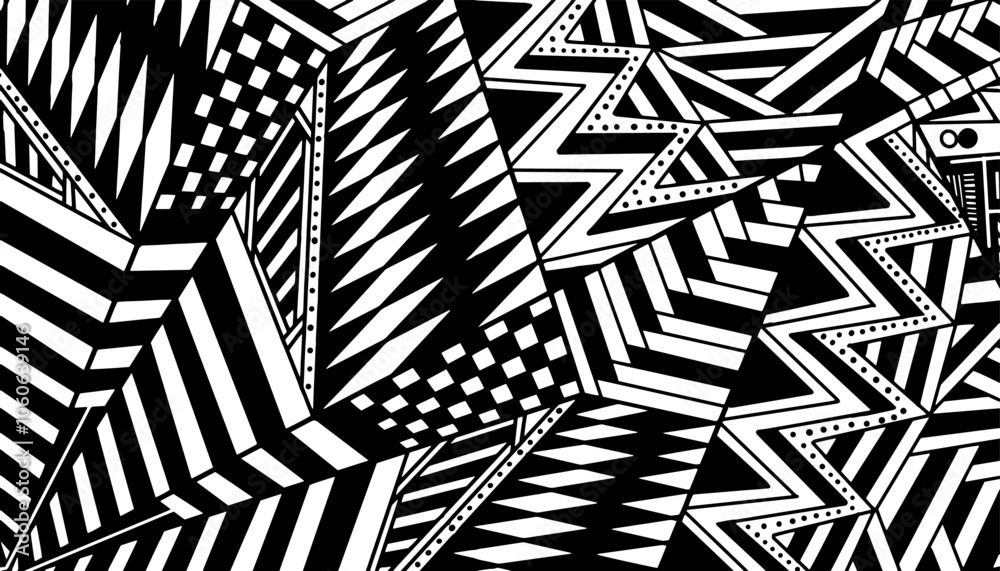 Ilustração Vetorial modelo, inconsútil, vector, textura, geométricas, design, papel de parede, noir, arte, ilustração, reta, condecoração, ilusões, tirar, pano, reta, telha, ziguezague, visual, forma,