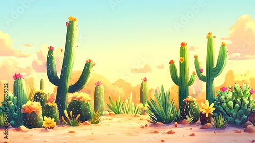 A whimsical watercolor illustration of various cacti in an arid desert, their spiky leaves and vibrant colors adding life to the scene