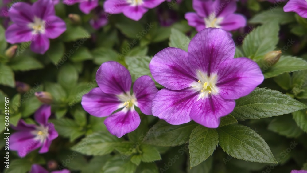 Vibrant purple flower petals and leaves in a garden setting, leaves, flowers Vibrant purple flower petals and leaves in a garden setting, leaves, flowers