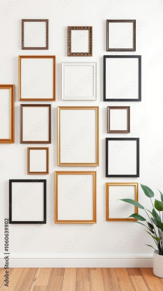 A mockup of a photo frame gallery wall with various frames in different sizes and styles on a white wall, creativity A mockup of a photo frame gallery wall with various frames in different sizes and styles on a white wall, creativity