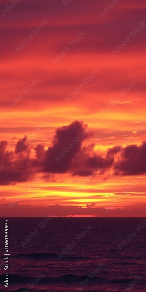 Vibrant sky turning from warm oranges to deep purples at sunset over the ocean, dusk, peaceful Vibrant sky turning from warm oranges to deep purples at sunset over the ocean, dusk, peaceful