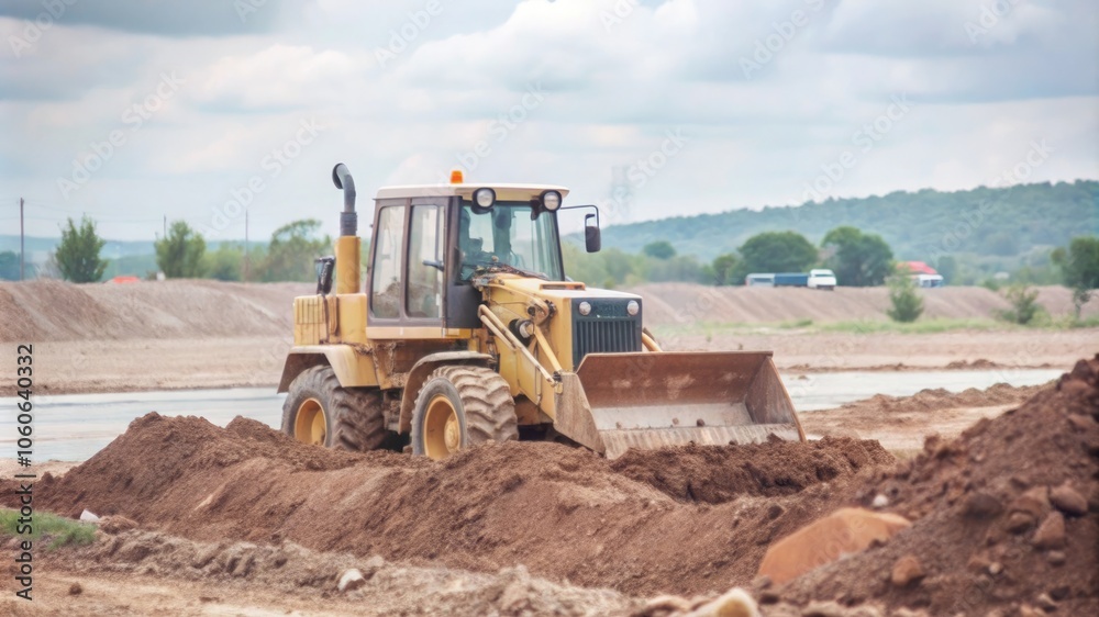 Excavation work with a bulldozer moving earth and dirt, preparing the ground for development Excavation work with a bulldozer moving earth and dirt, preparing the ground for development