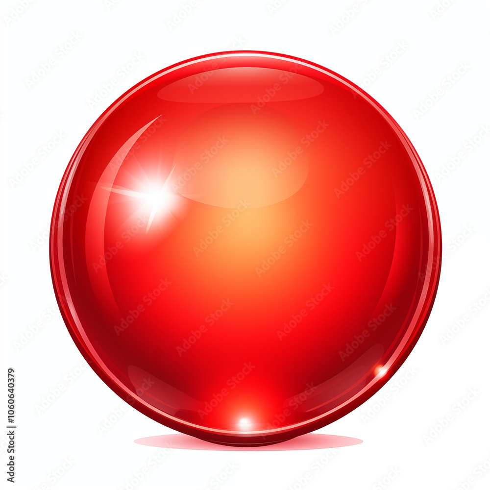 A shiny red cartoon ball reflecting light, placed against a plain white background