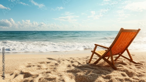 A wooden chair sitting on a sandy beach overlooks crashing waves, surrounded by calming sights of the sea and sky under a clear, sunlit atmosphere.