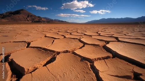 The image shows a wide expanse of dried, cracked desert terrain stretching underneath a bright blue sky, exemplifying the beauty of untouched, harsh environments.