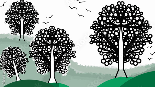 Ilustração Vetorial árvore, paisagem, natureza, vector, céu, verão, ilustração, folha, relva, árvore, primavera, flor, condimentar, escurecer, design, planta, arte, sol, campo, cercar, parque, outonal