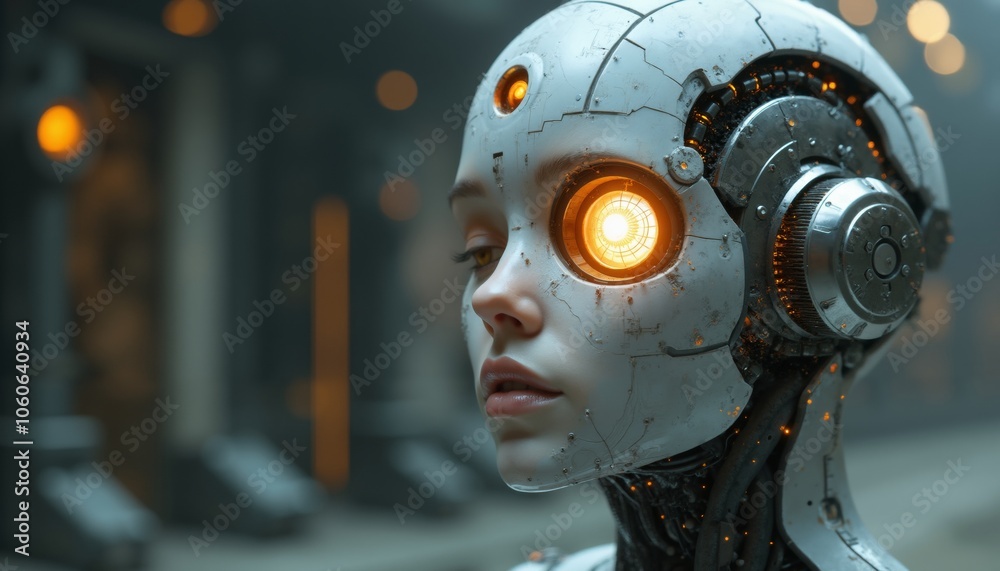 Fototapeta premium Futuristic Cybernetic Face with Glowing Eye and Intricate Machinery