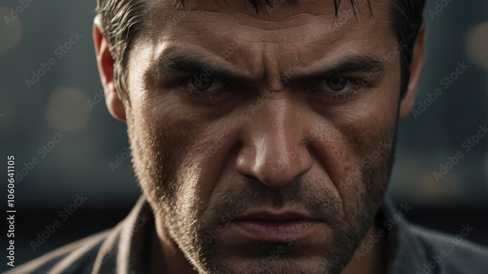 An angry man with a stern expression staring intensely into the camera