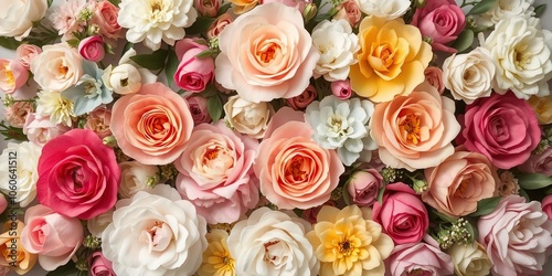 Vintage-style artificial flowers wall background with a variety of colorful blooms including roses, hydrangeas, and peonies, retro, vintage style