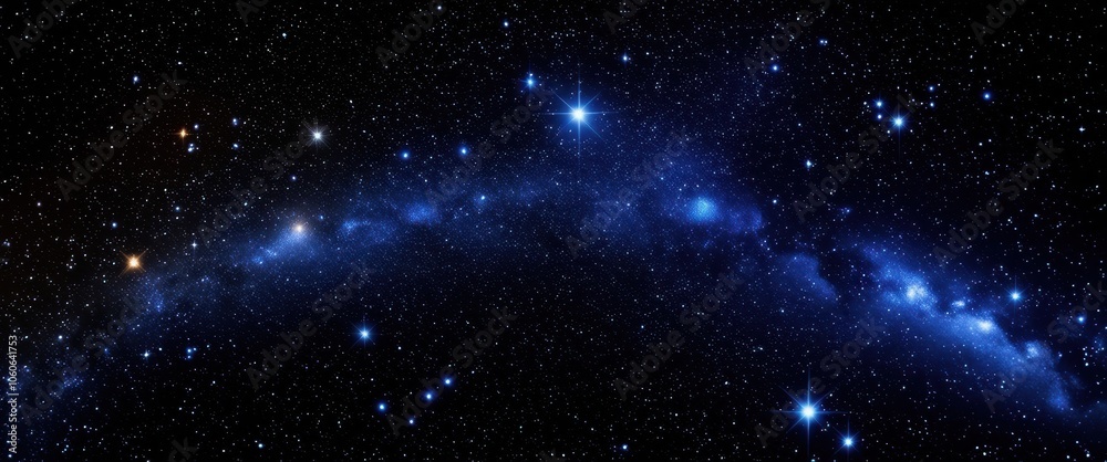 Obraz premium Cosmic starfield, brilliant blue stars, deep space nebula, celestial panorama, glowing stellar clusters, astronomical beauty, vibrant night sky, galactic vista, interstellar depths, ethereal stardust,