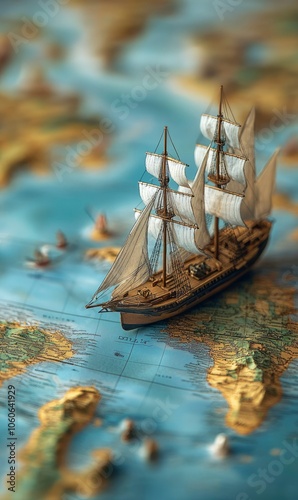 A Wooden Ship Model Resting on a Vintage World Map