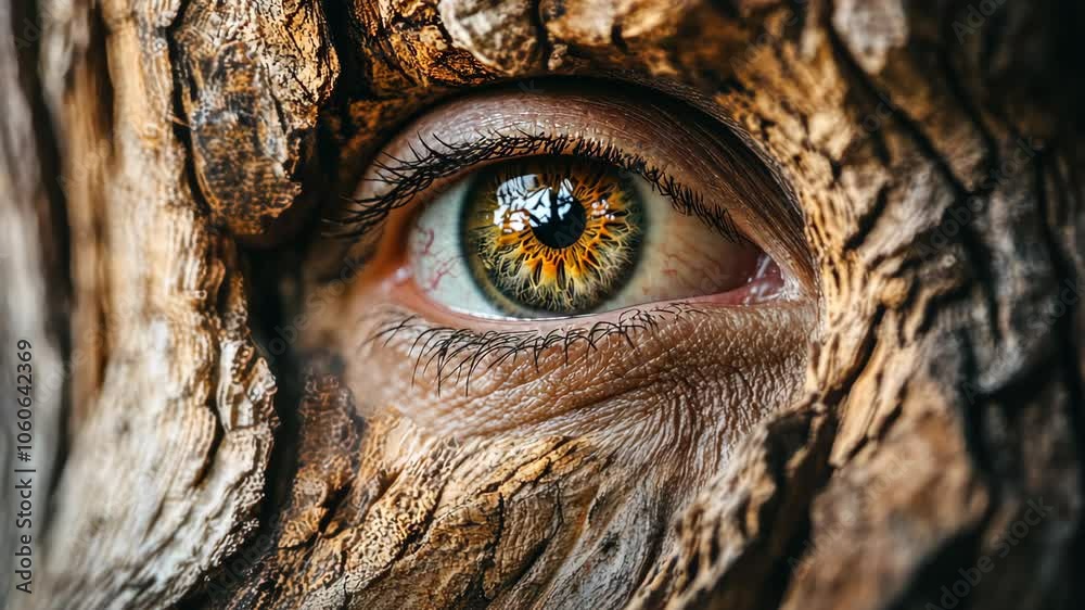 Human eye blinking behind the texture of tree bark Human eye blinking behind the texture of tree bark