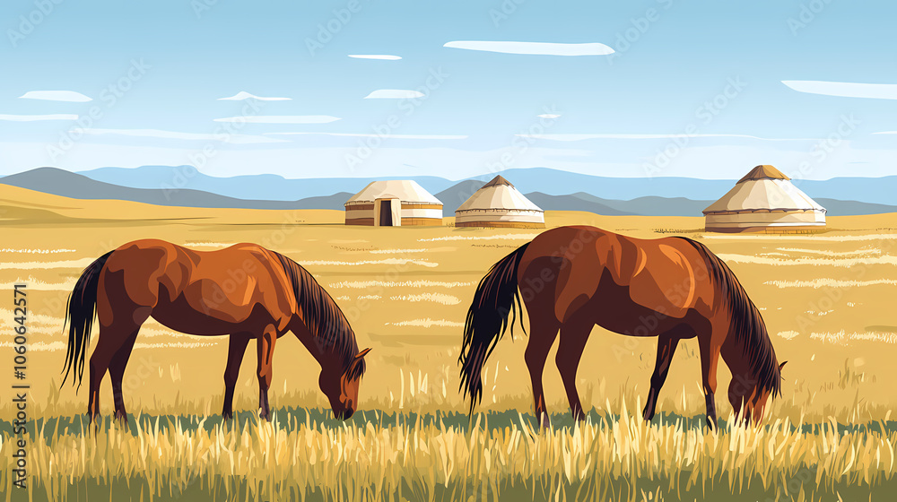 Flat vector illustration of grazing horses on the grasslands of inner mongolia, with traditional yurts in the background under a clear blue sky. Mongolian Steppe Nomads. Illustration Flat vector illustration of grazing horses on the grasslands of inner mongolia, with traditional yurts in the background under a clear blue sky. Mongolian Steppe Nomads. Illustration