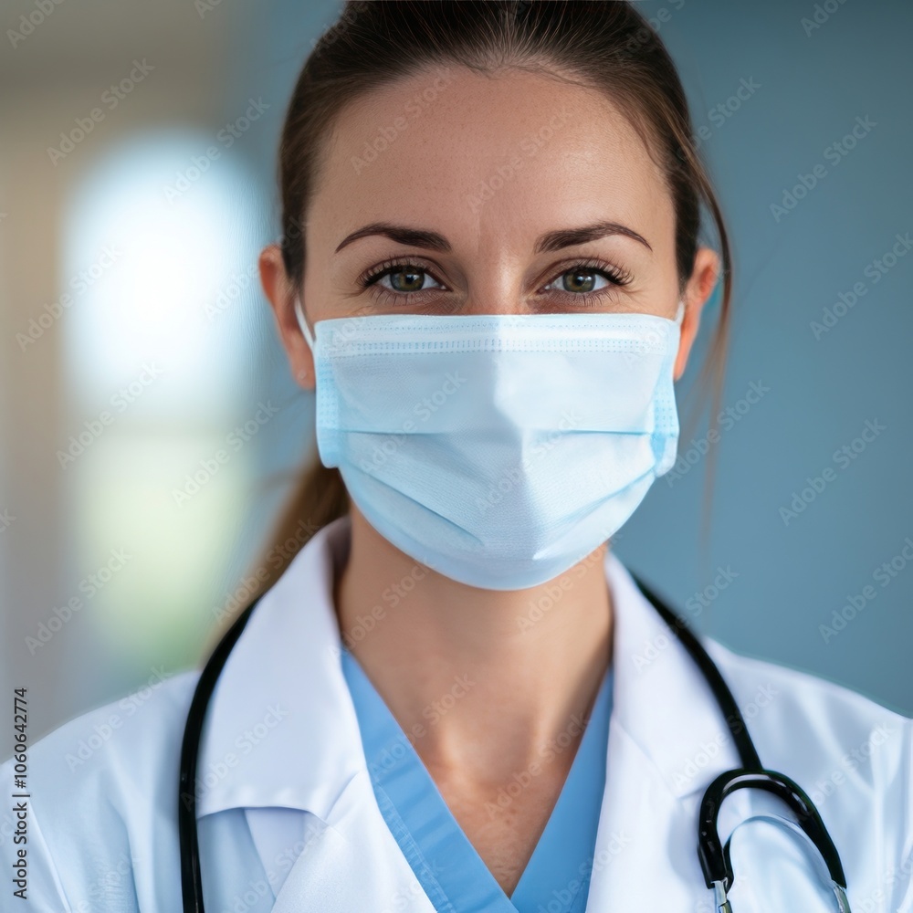 A female doctor in a white coat and blue scrubs, wearing a surgical mask, looks directly at the camera with a warm smile. A female doctor in a white coat and blue scrubs, wearing a surgical mask, looks directly at the camera with a warm smile.