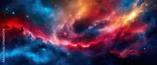 Vibrant nebula, cosmic clouds, deep space, red and blue colors, starry background, swirling gases, celestial beauty, astronomical phenomenon, galactic art, colorful cosmos, ethereal space scene, inter