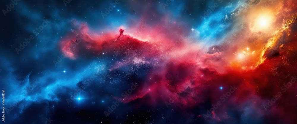 Obraz premium Vibrant nebula, cosmic clouds, deep space, red and blue colors, starry background, swirling gases, celestial beauty, astronomical phenomenon, galactic art, colorful cosmos, ethereal space scene, inter
