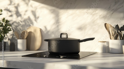 A stylish kitchen with modern cookware, including a sleek saucepan and matching frying pan photo