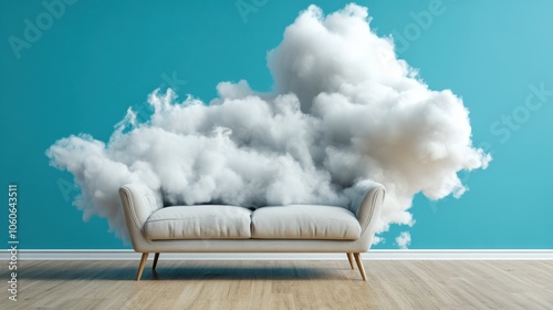 An artistic portrayal of a cloud seemingly intertwined with a stylish couch, all set against a vibrant blue wall, blending elements of surrealism with interior design.