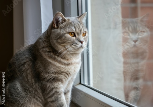Wallpaper Mural A gray tabby cat looks out a window Torontodigital.ca