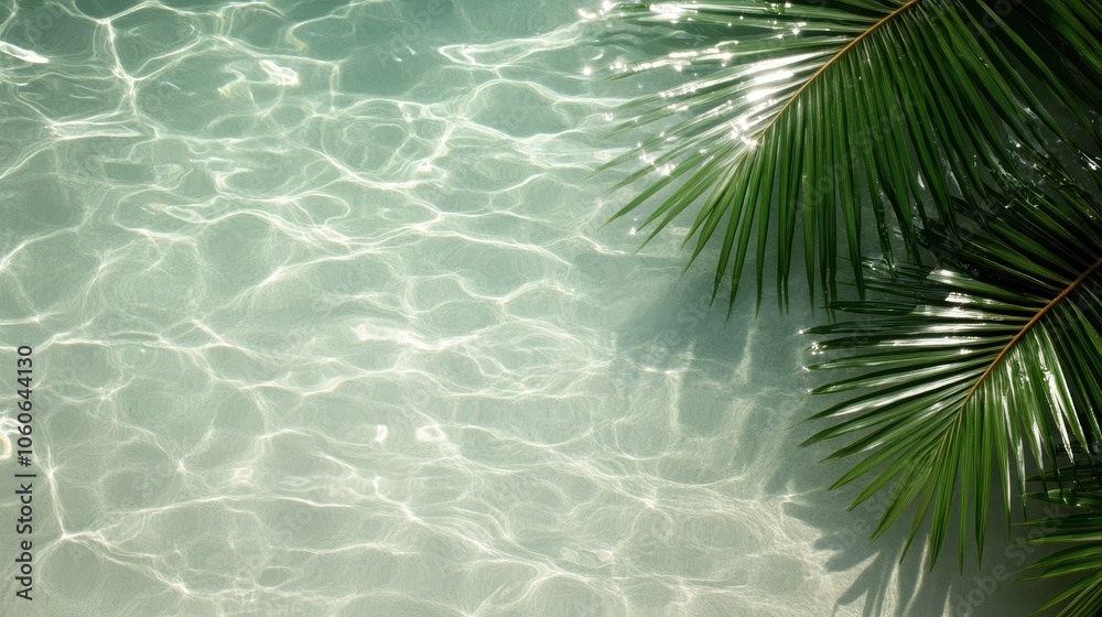 The calming image showcases shimmering ripples on clear water with palm leaves gently resting above, eliciting a sense of tropical tranquility and peace. The calming image showcases shimmering ripples on clear water with palm leaves gently resting above, eliciting a sense of tropical tranquility and peace.