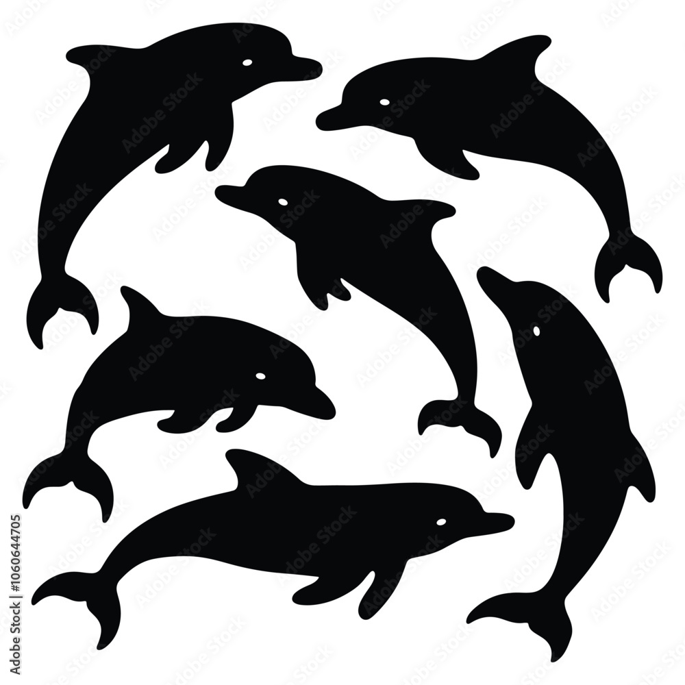 Fototapeta premium Set of dolphin silhouettes swimming. isolated vector on white background
