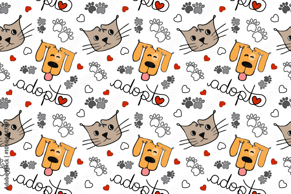 Ilustração Vetorial modelo, caricatura, inconsútil, animais, vector, ilustração, gatinho, ajustar, bebé, papel de parede, arte, divertimento, design, cômico, bonito, condecoração, cachorro, coração, a