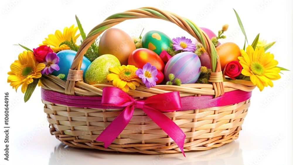 A flat cartoon Easter basket brimming with decorated eggs. A flat cartoon Easter basket brimming with decorated eggs.