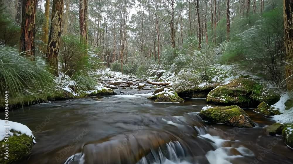 A small creek flows through a snowy forest in the Australian bush A small creek flows through a snowy forest in the Australian bush