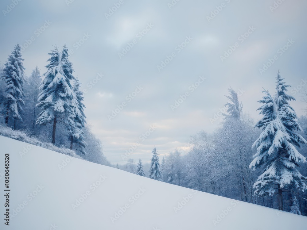 Fototapeta premium A serene and peaceful winter landscape with snow-covered trees and a soft, cloudy sky, landscape, snow