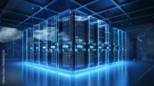 Glowing cloud computing data center of the future.