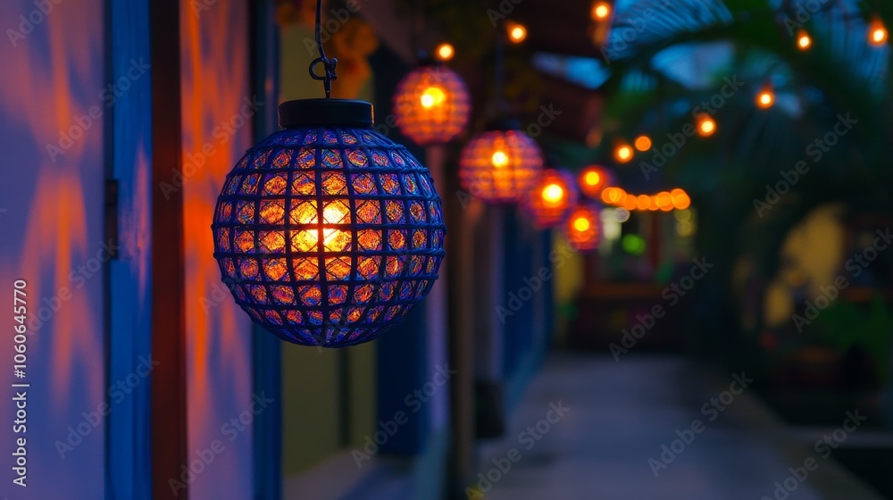 Obraz premium A serene evening scene featuring decorative hanging lanterns along a colorful pathway.